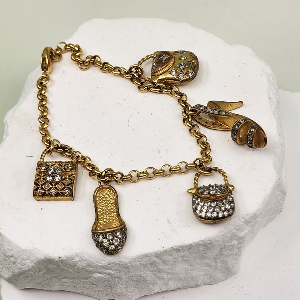 Gold Tone Rhinestone Shoe Handbag Charm Bracelet Fashion Statement Glam Gift
